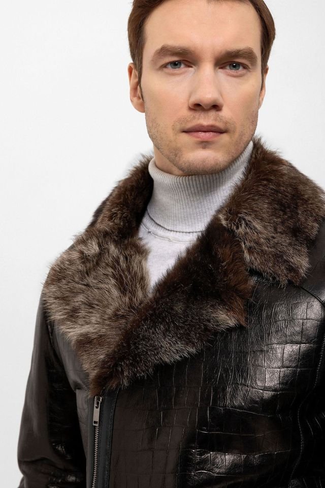 Brown Croco Print Flare Man Biker Genuine Shearling Coat