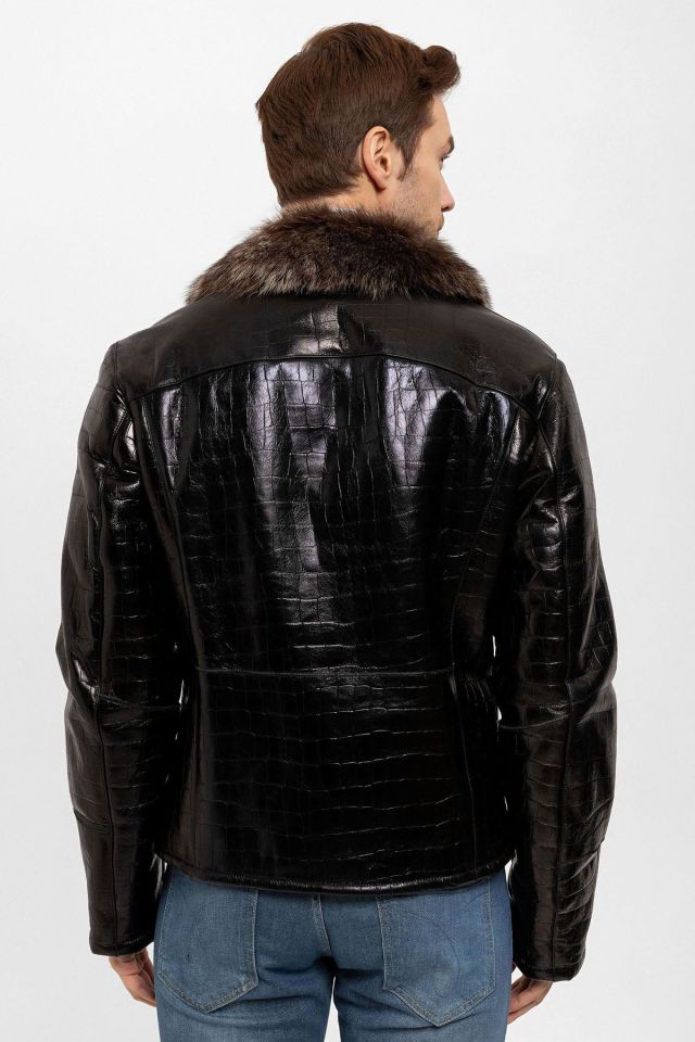 Brown Croco Print Flare Man Biker Genuine Shearling Coat