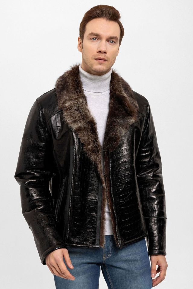 Brown Croco Print Flare Man Biker Genuine Shearling Coat