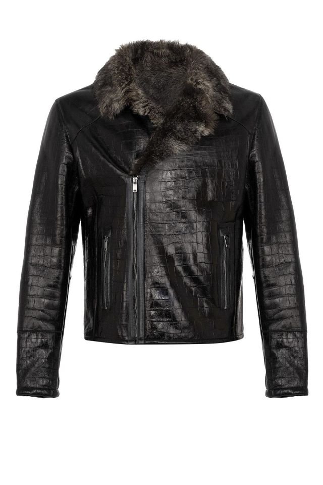 Brown Croco Print Flare Man Biker Genuine Shearling Coat