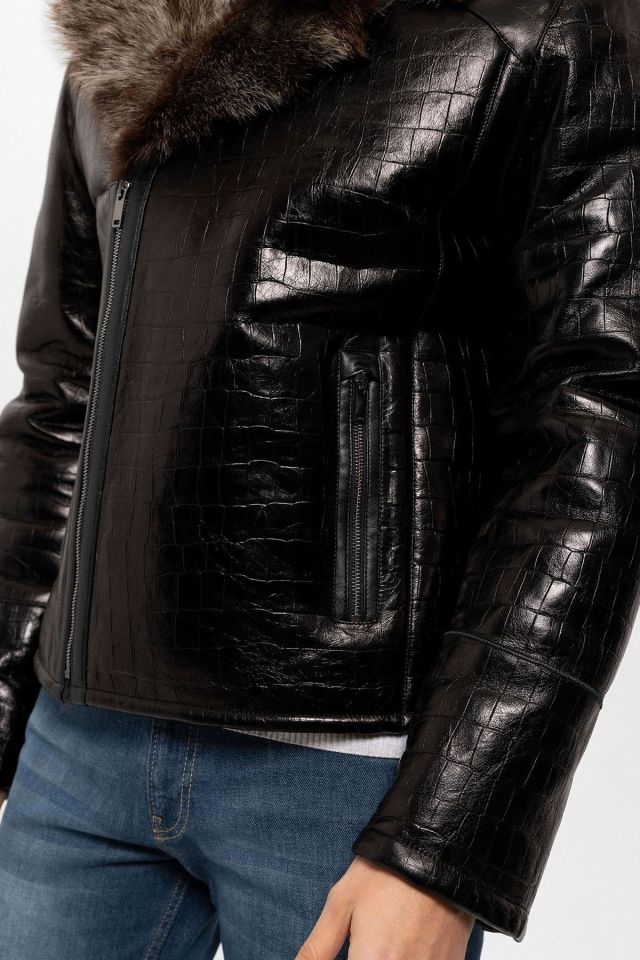 Brown Croco Print Flare Man Biker Genuine Shearling Coat