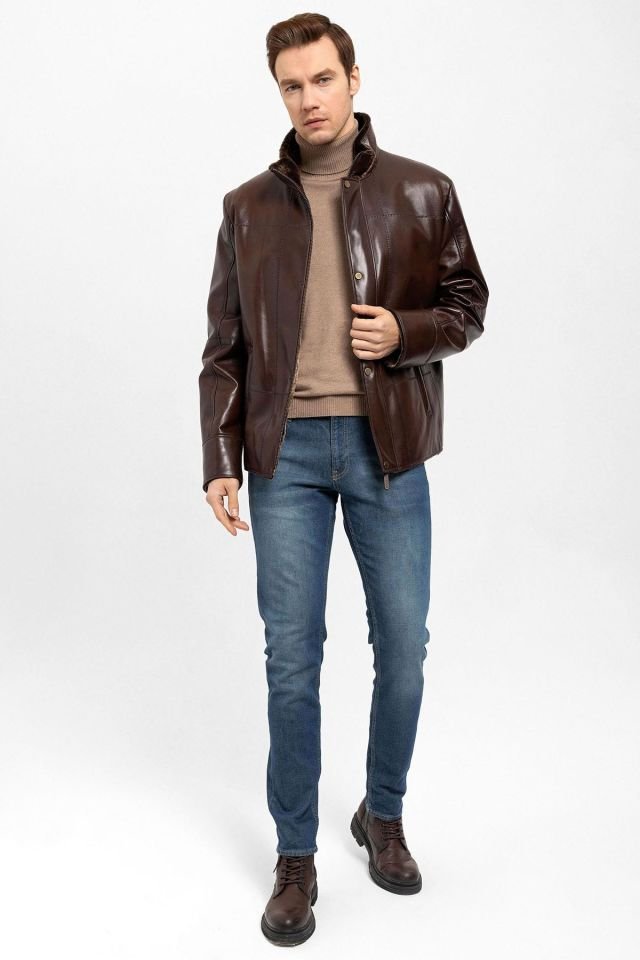 Brown Yager Man Genuine Leather Coat