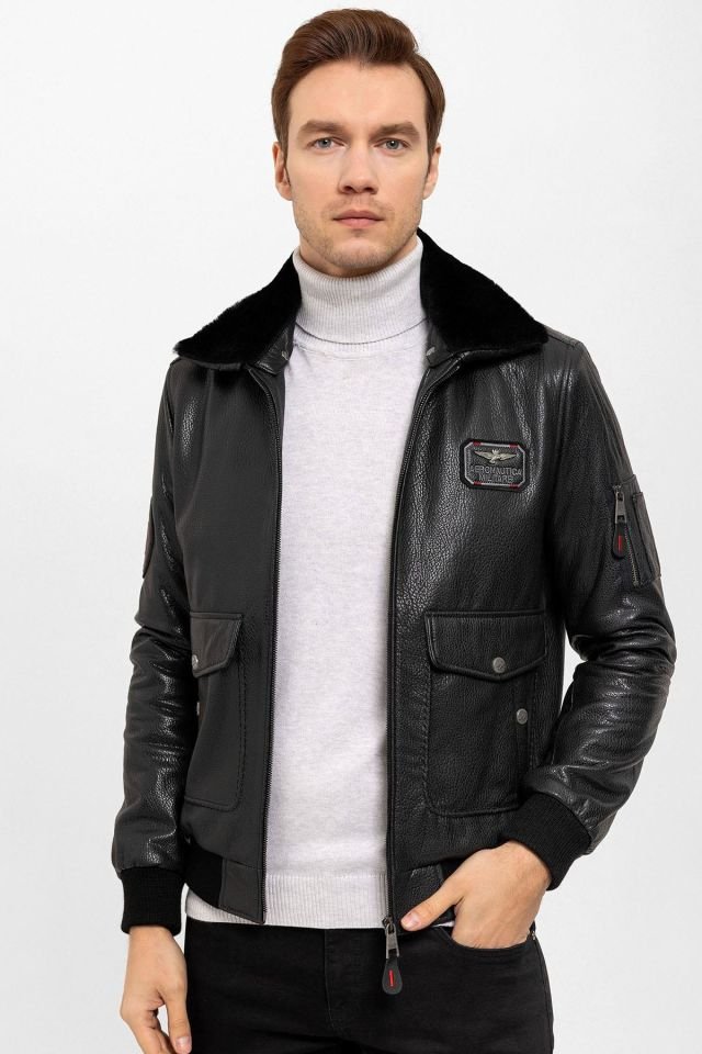 Black Top Gun Collar Fur Man Genuine Leather Coat