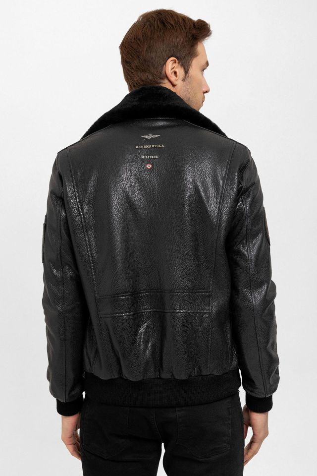 Black Top Gun Collar Fur Man Genuine Leather Coat