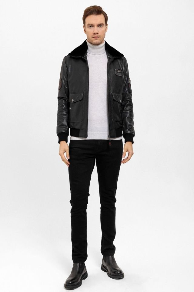 Black Top Gun Collar Fur Man Genuine Leather Coat