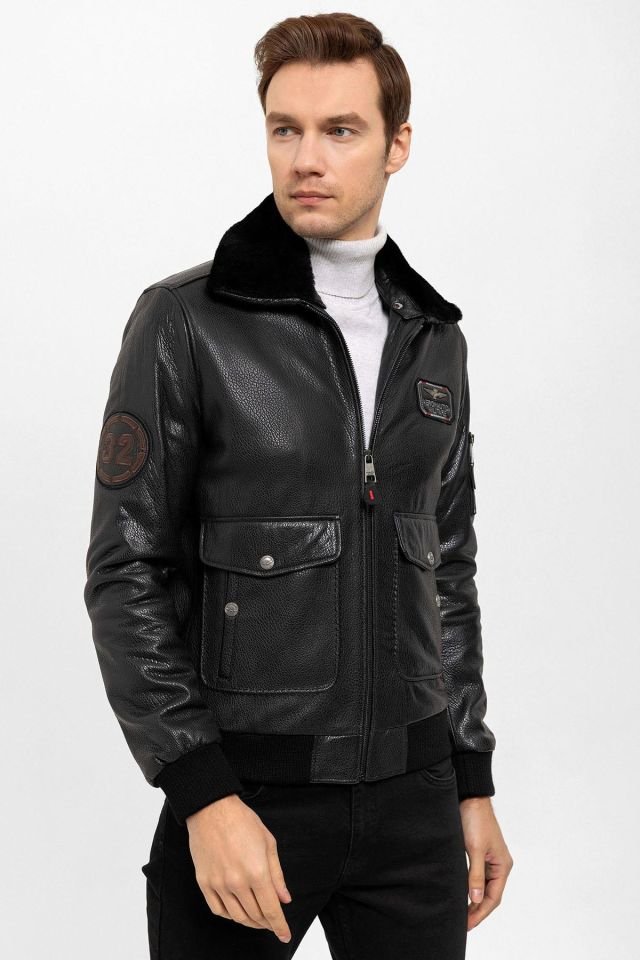Black Top Gun Collar Fur Man Genuine Leather Coat