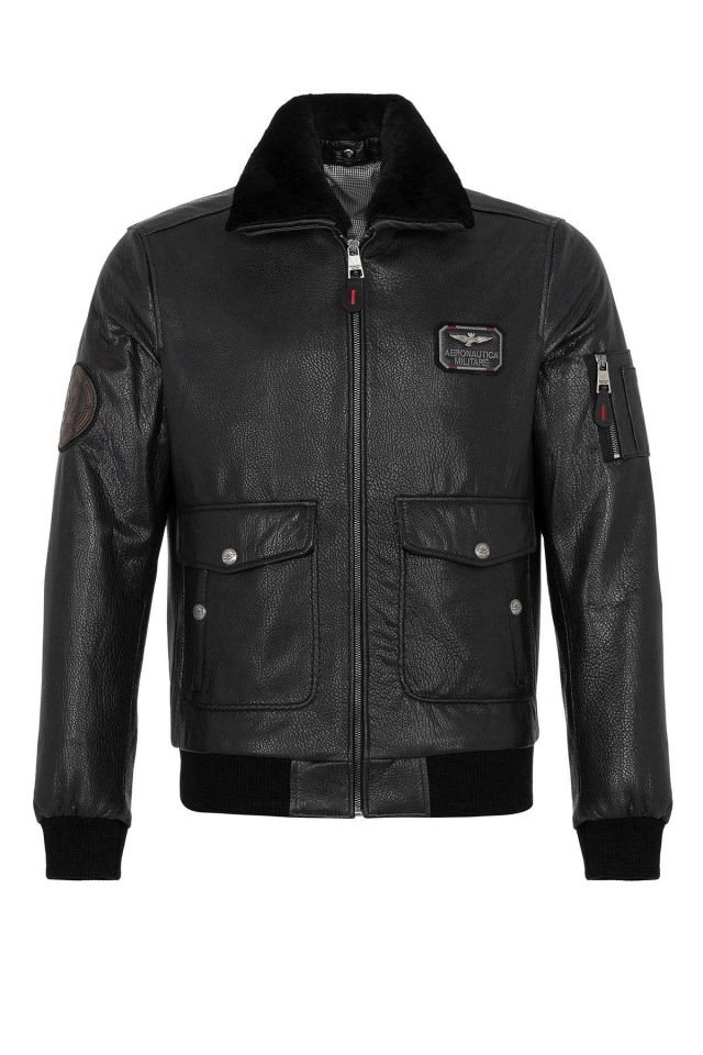 Black Top Gun Collar Fur Man Genuine Leather Coat