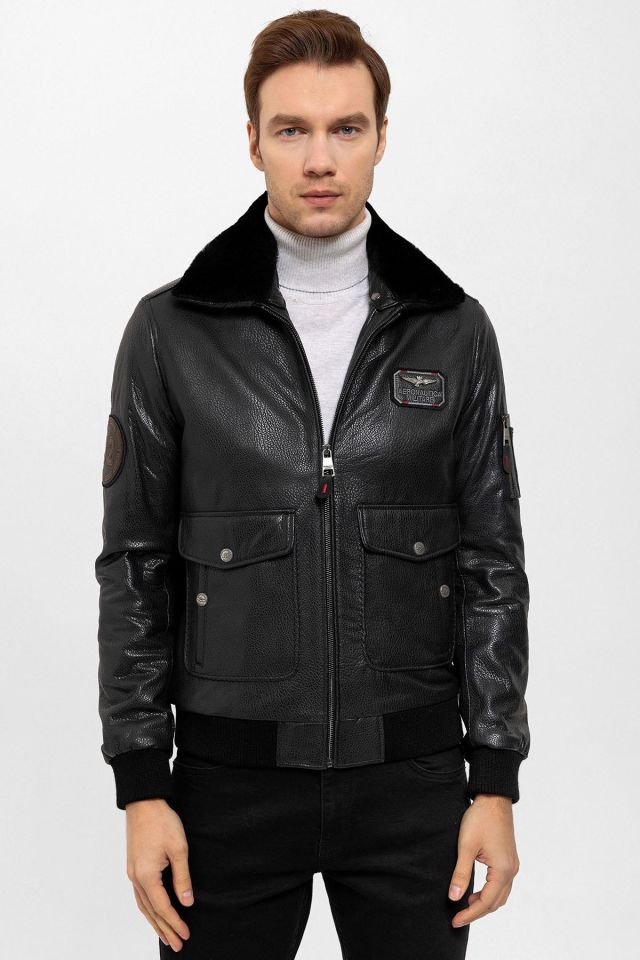 Black Top Gun Collar Fur Man Genuine Leather Coat