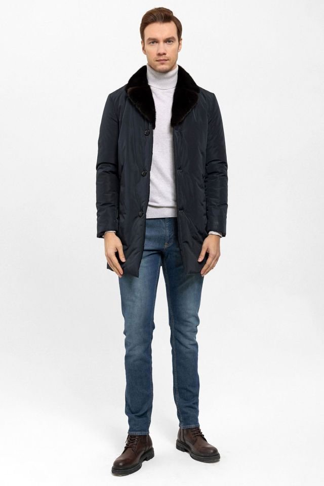 Navy Blue Fabric Collar Fur Man Coat