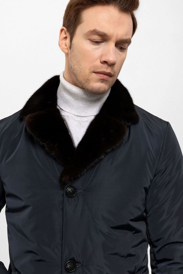 Navy Blue Fabric Collar Fur Man Coat