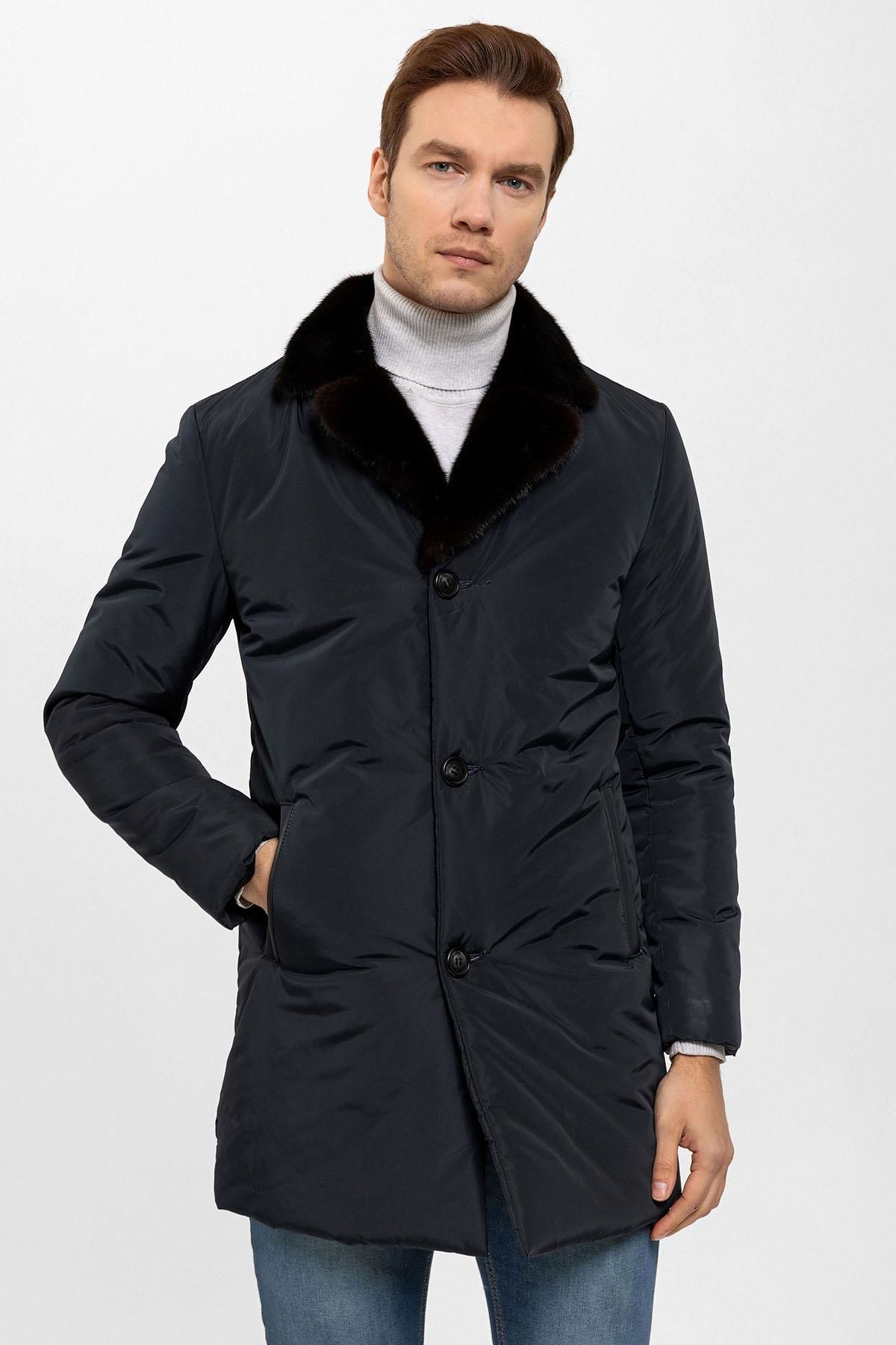 Navy Blue Fabric Collar Fur Man Coat