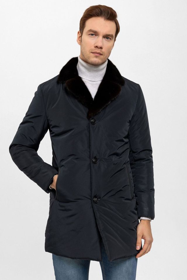 Navy Blue Fabric Collar Fur Man Coat