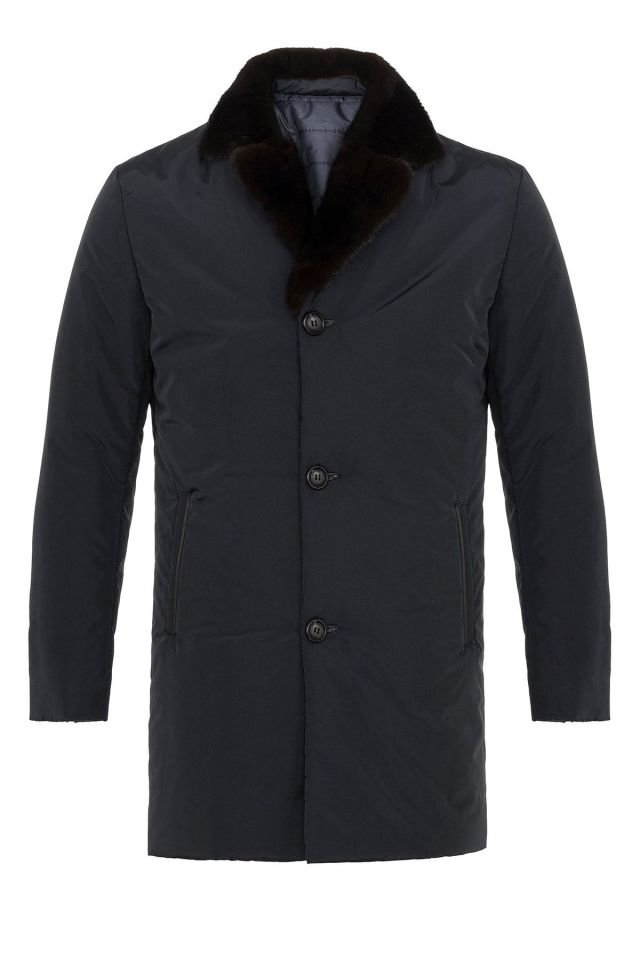 Navy Blue Fabric Collar Fur Man Coat