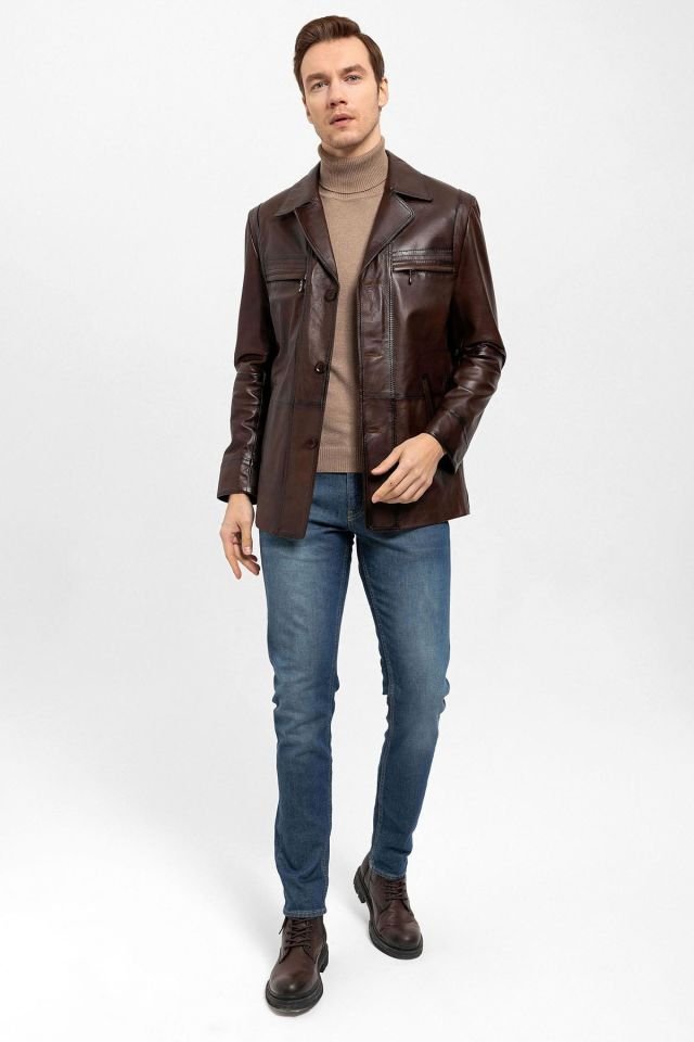 Brown Douglas Fitted Man Genuine Leather Jacket
