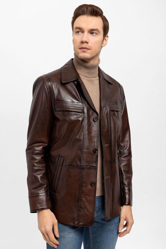 Brown Douglas Fitted Man Genuine Leather Jacket