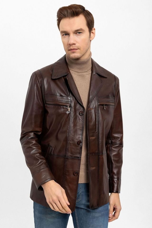 Brown Douglas Fitted Man Genuine Leather Jacket