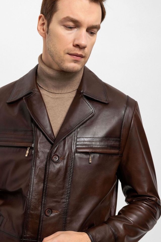 Brown Douglas Fitted Man Genuine Leather Jacket