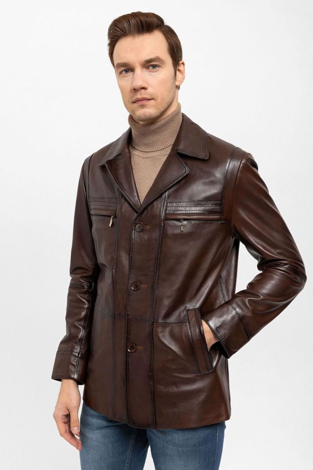 Brown Douglas Fitted Man Genuine Leather Jacket