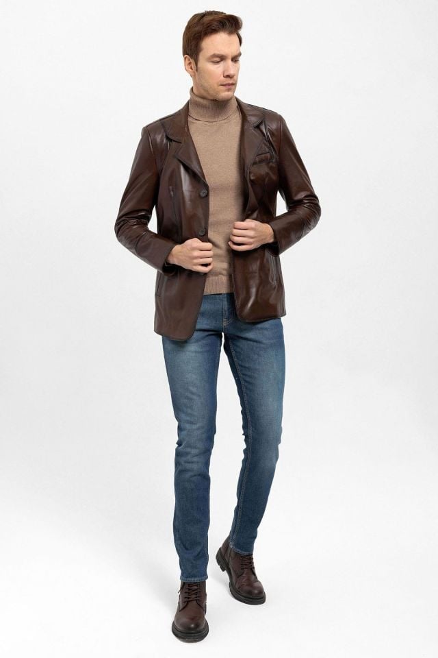 Brown Blazer Man Genuine Leather Jacket