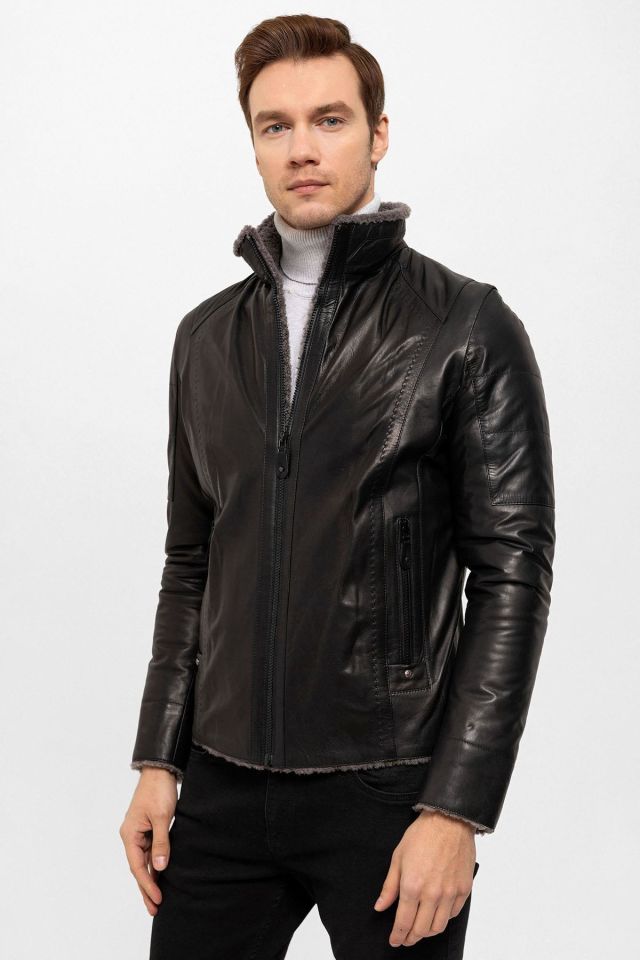 Black Max Fur Man Genuine Leather Coat