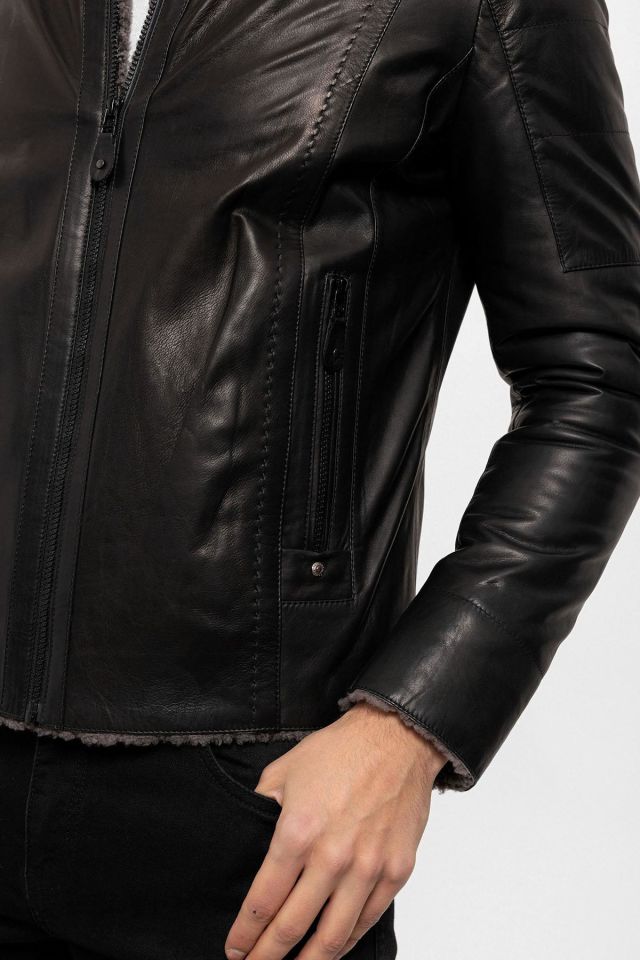 Black Max Fur Man Genuine Leather Coat