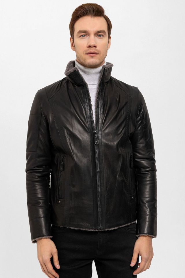 Black Max Fur Man Genuine Leather Coat