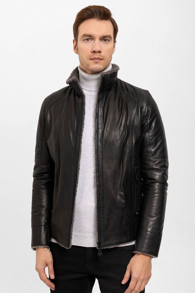 Black Max Fur Man Genuine Leather Coat