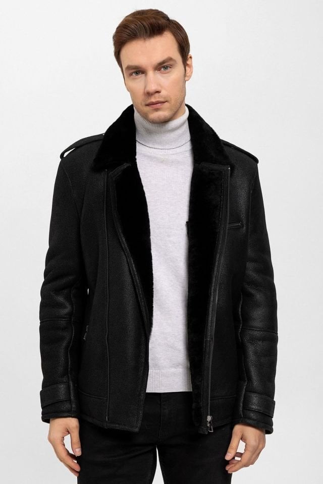 Black Fur Sloan Biker Man Genuine Shearling Coat