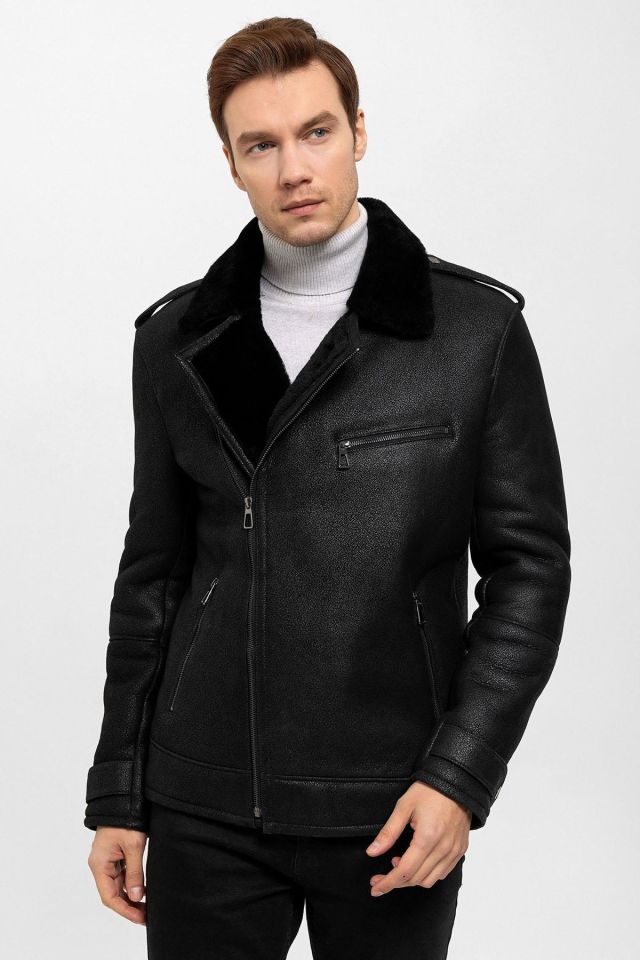 Black Fur Sloan Biker Man Genuine Shearling Coat