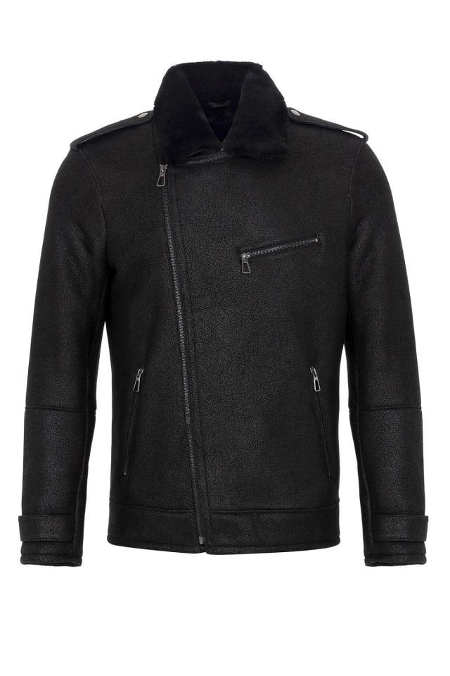 Black Fur Sloan Biker Man Genuine Shearling Coat