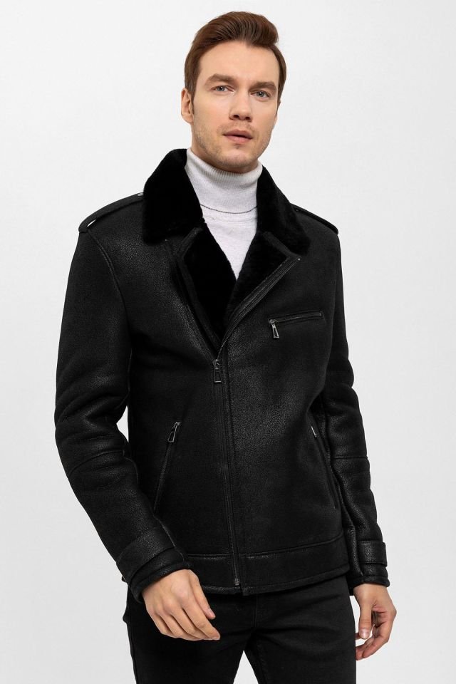 Black Fur Sloan Biker Man Genuine Shearling Coat