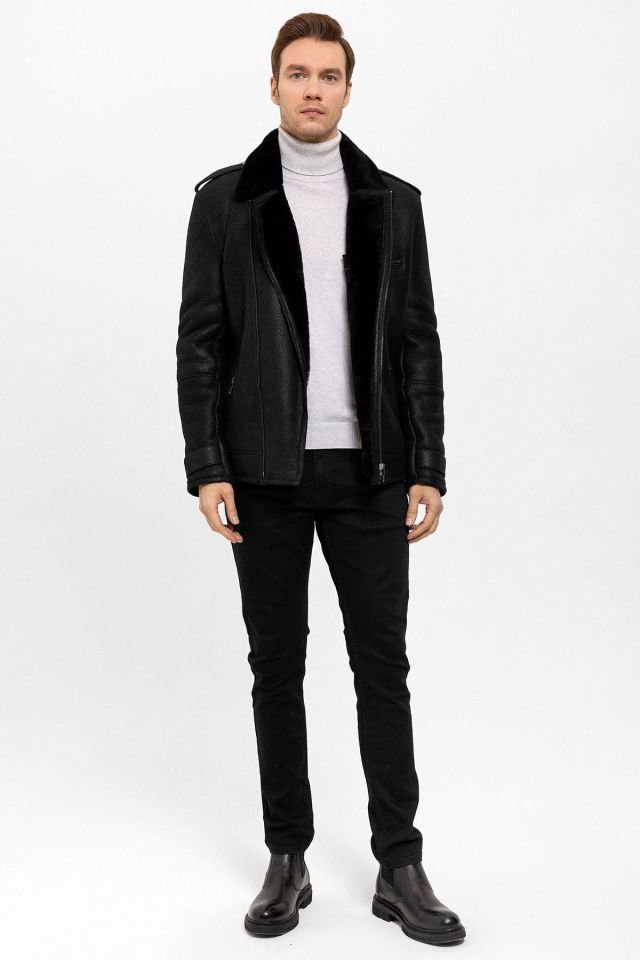 Black Fur Sloan Biker Man Genuine Shearling Coat