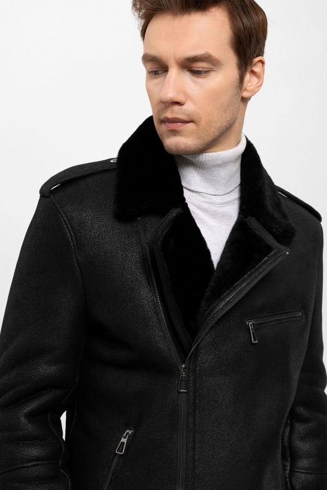 Black Fur Sloan Biker Man Genuine Shearling Coat