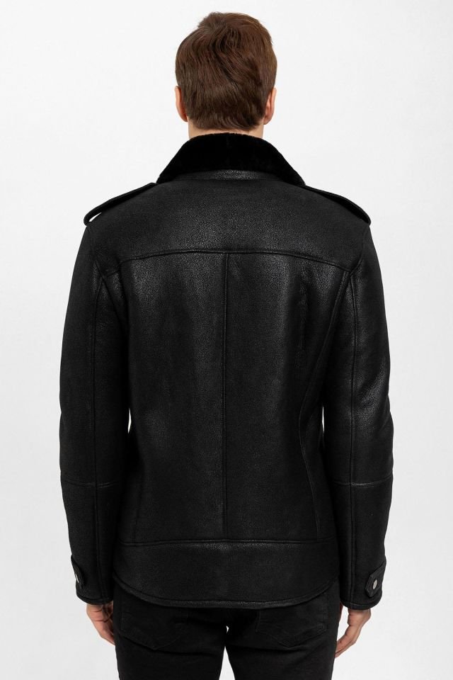 Black Fur Sloan Biker Man Genuine Shearling Coat
