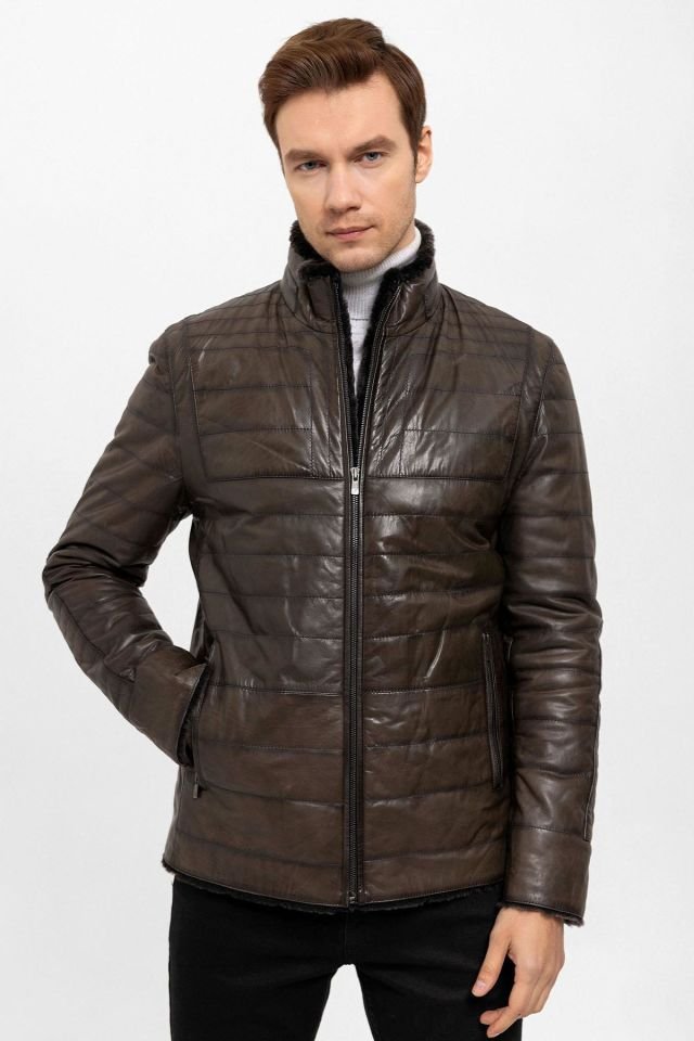 Brown Keene Man Genuine Leather Fur Coat