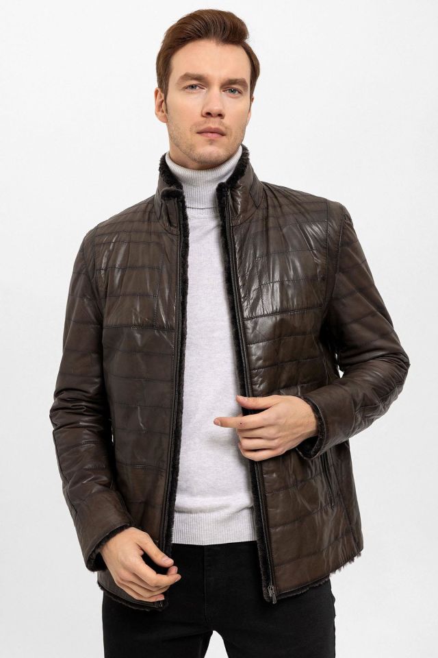 Brown Keene Man Genuine Leather Fur Coat