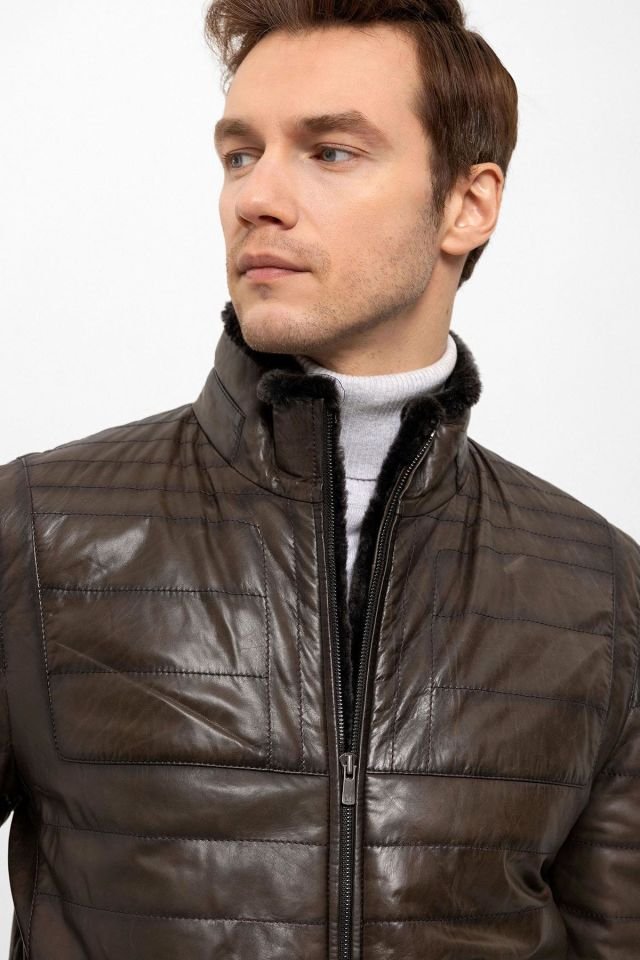 Brown Keene Man Genuine Leather Fur Coat