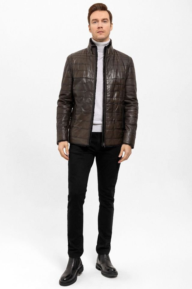 Brown Keene Man Genuine Leather Fur Coat