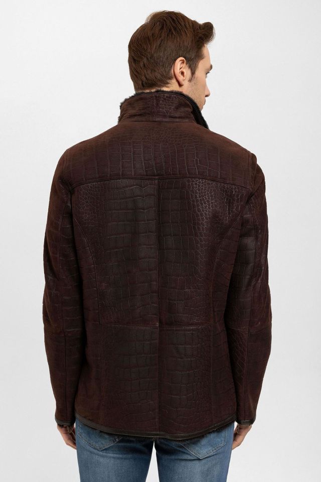 Brown Austin Croco Print Genuine Leather Fur Coat