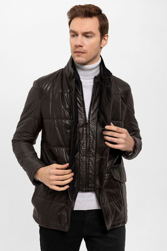 Brown Caldo Quilted Man Genuine Leather Jacket
