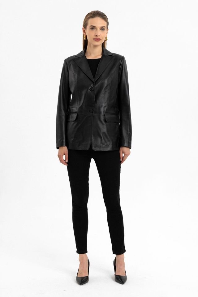 Black Louisa Blazer Woman Genuine Leather Jacket
