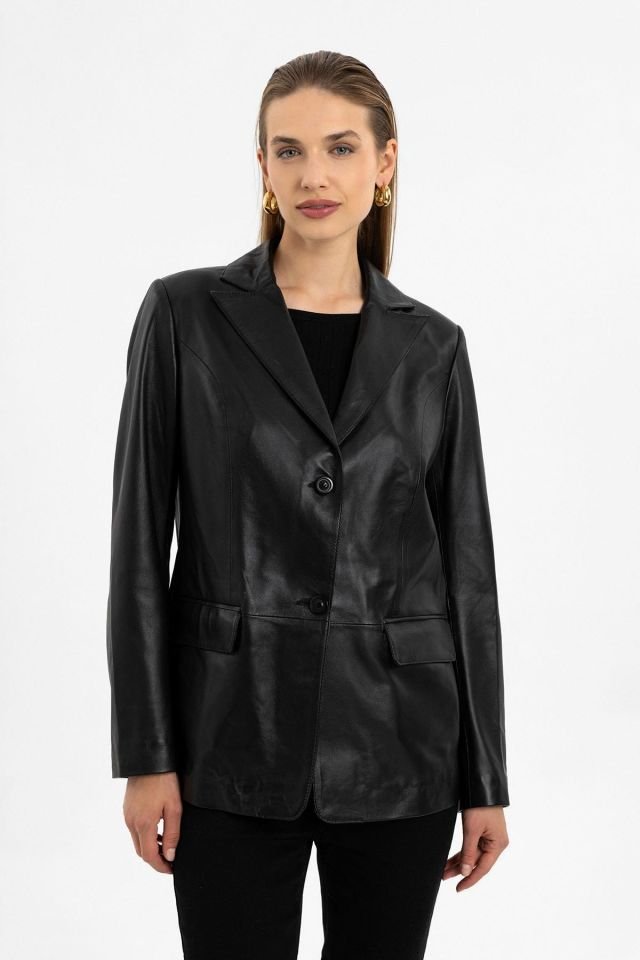 Black Louisa Blazer Woman Genuine Leather Jacket