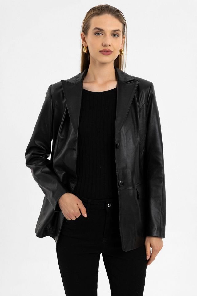 Black Louisa Blazer Woman Genuine Leather Jacket