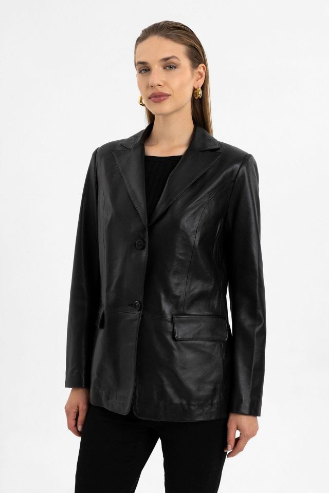 Black Louisa Blazer Woman Genuine Leather Jacket