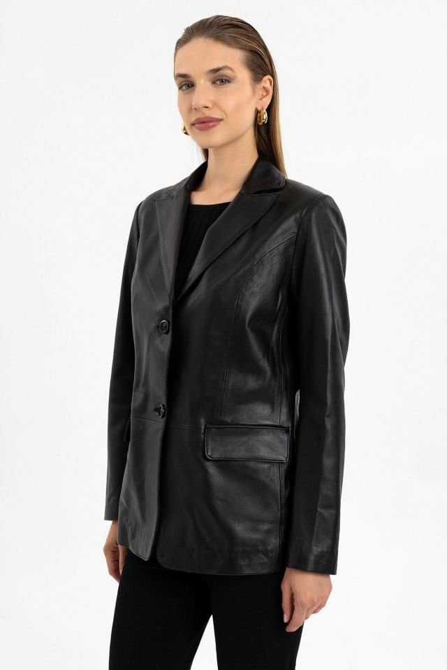 Black Louisa Blazer Woman Genuine Leather Jacket