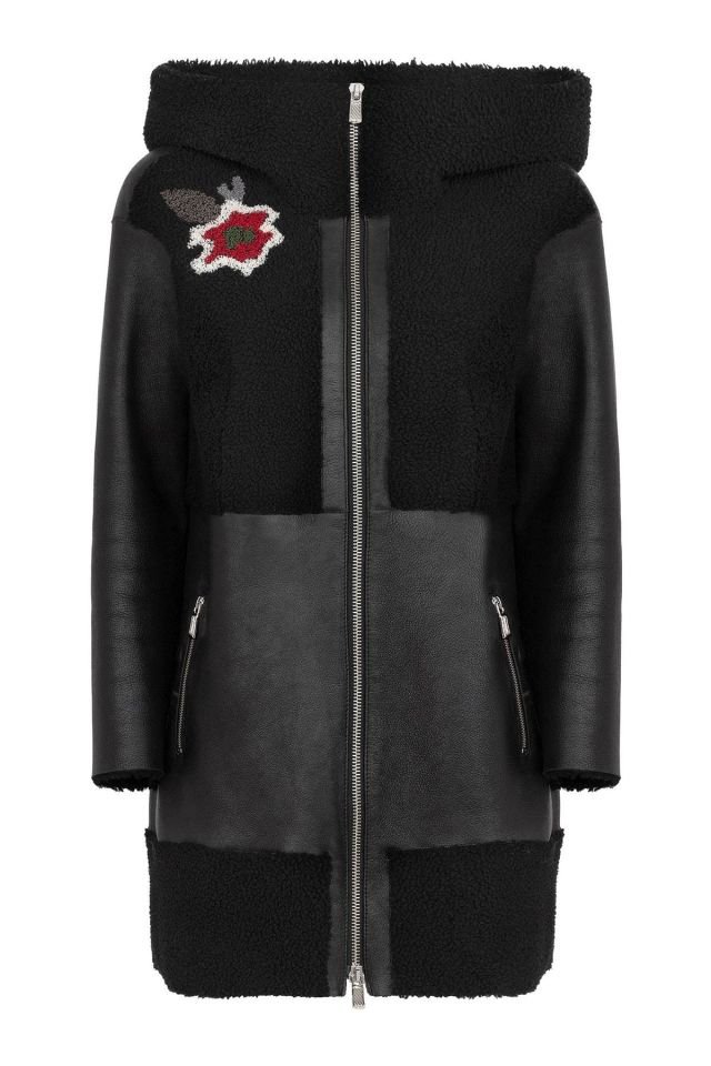 Fleu Black Genuine Leather Fur Coat