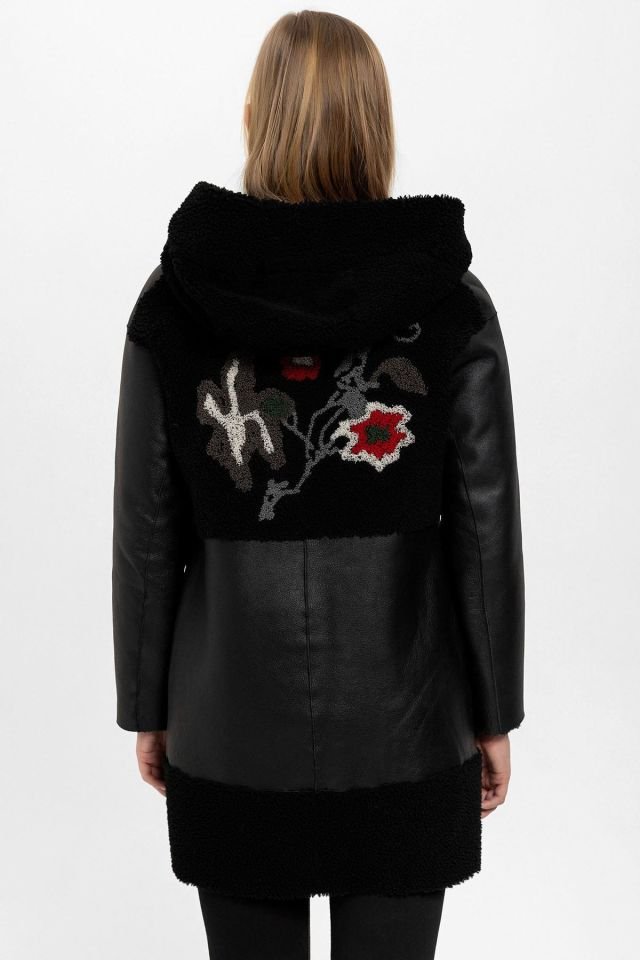 Fleu Black Genuine Leather Fur Coat