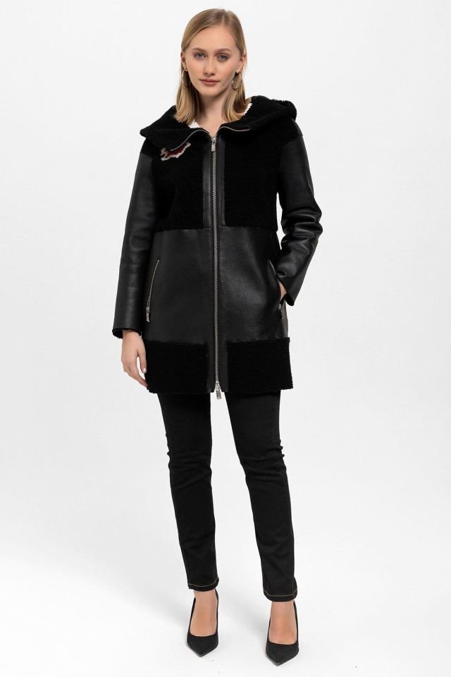 Fleu Black Genuine Leather Fur Coat