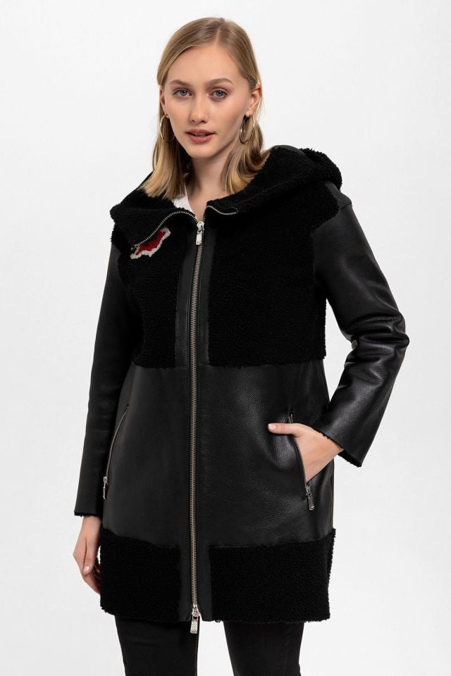 Fleu Black Genuine Leather Fur Coat