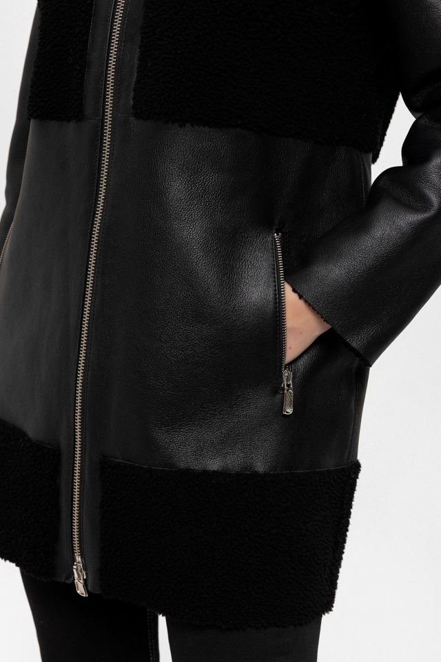 Fleu Black Genuine Leather Fur Coat